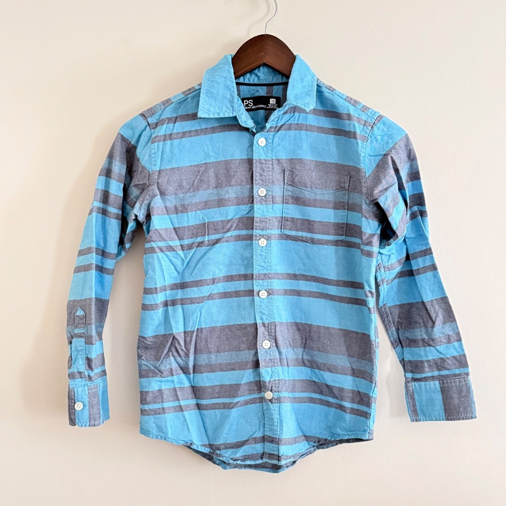 PS from Aeropostale Boys Striped Button Down Shirt Blue Grey Long Sleeve Size 10
